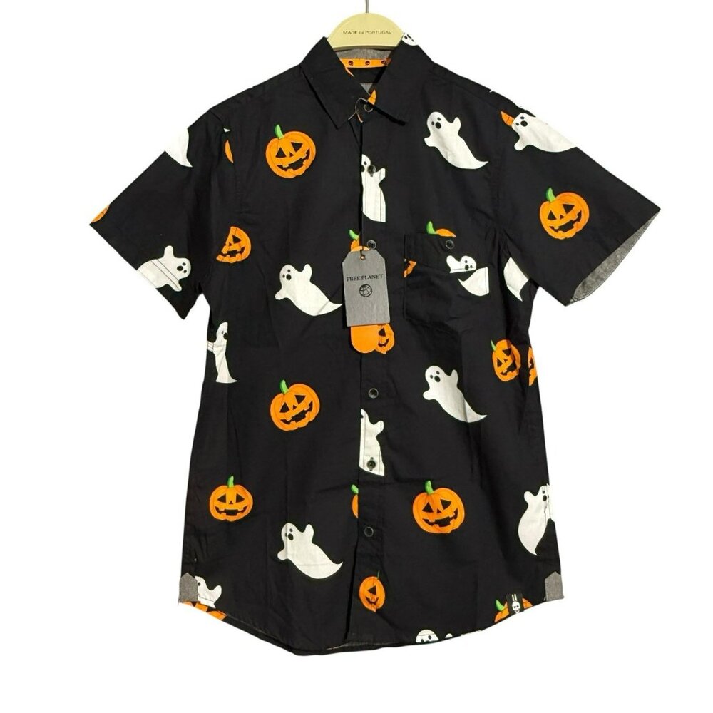 Free Planet Halloween Button Shirt Men Size XS Costume Pumpkin Ghost Casual Work